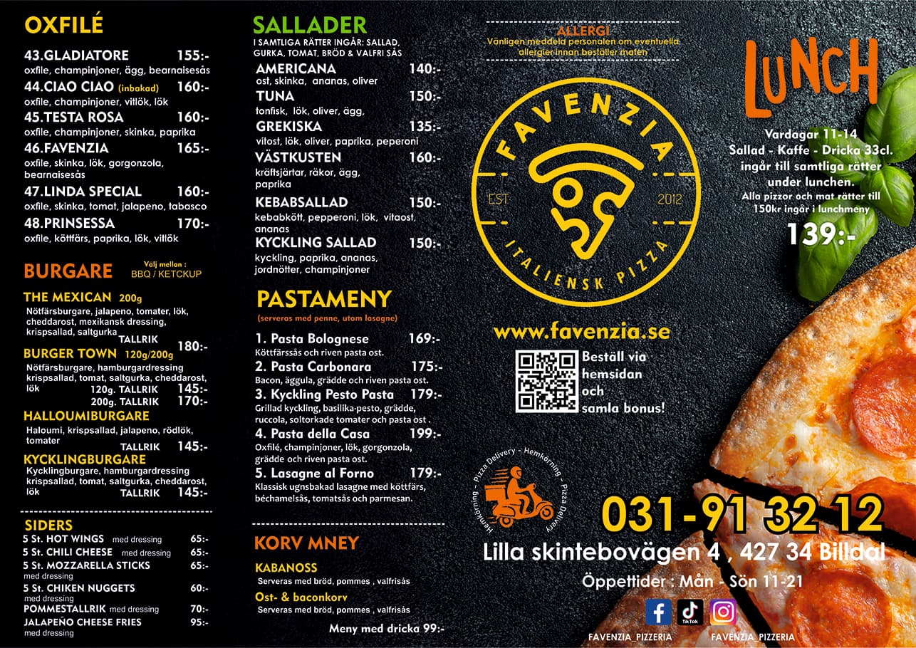 Pizza menu